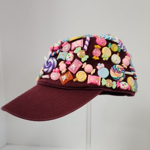 Candy-Themed Unisex Upcycled Maroon Colorful Handcrafted Adjustable Baseball Hat - Picture 1 of 9